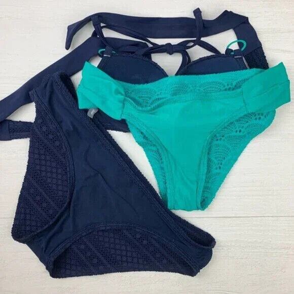 Aerie Push-Up Bikini Top 32A + 2 Hipster Bottoms S/P Set – Navy/Aqua - Picture 5 of 6